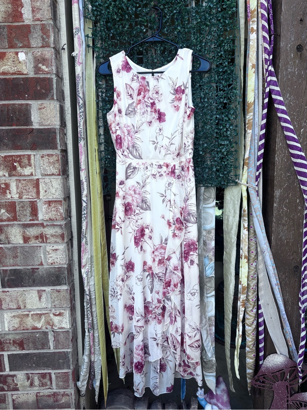 Sleeveless Cream Maxi Dress with Pink Floral Print